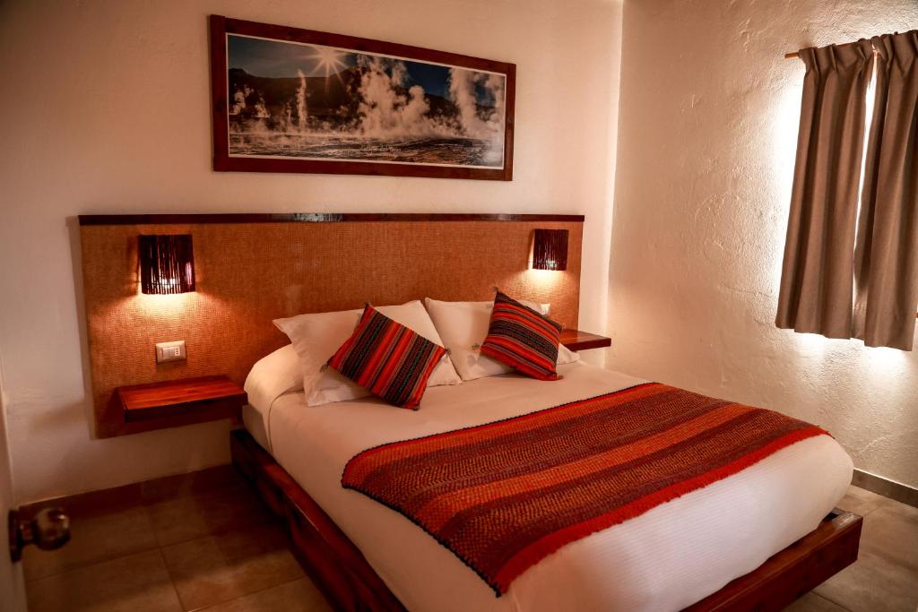 圣佩德罗·德·阿塔卡马Tambo Atacama Lodge的一间卧室配有一张大床和两个枕头