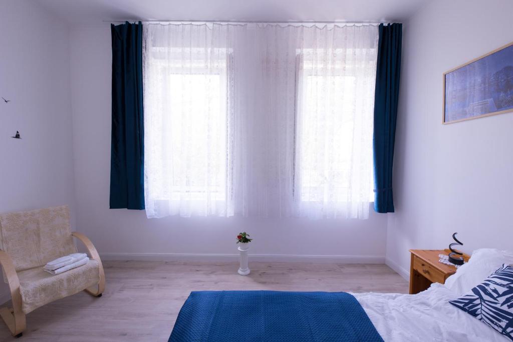 布达佩斯Wagner Villa 902的一间卧室配有蓝色窗帘、一张床和椅子