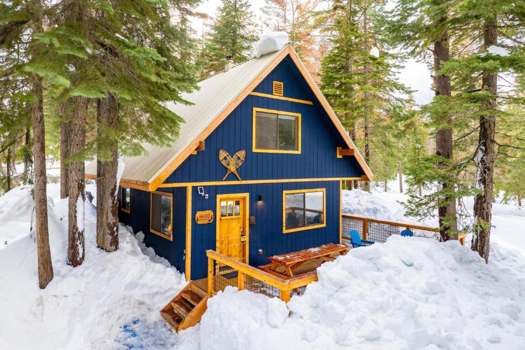 霍姆伍德Indigo Owl by AvantStay Cabin w Hot Tub Firepit Minutes to Lake Slopes的雪中树林中的蓝色小屋