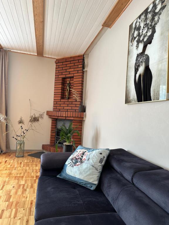 拉脱维亚Pie Jūras的客厅配有黑色沙发和壁炉