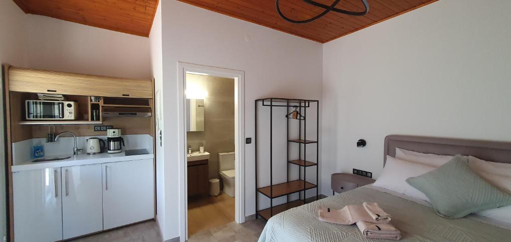 里托楚伦Litochoro Appartment in Estate A2的一间卧室配有一张床,厨房配有微波炉