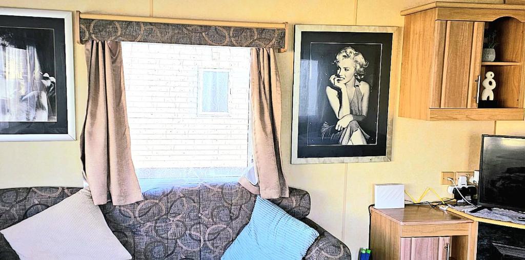 滨海克拉克顿J.R. Holiday Homes的客房设有带沙发和电视的窗户。