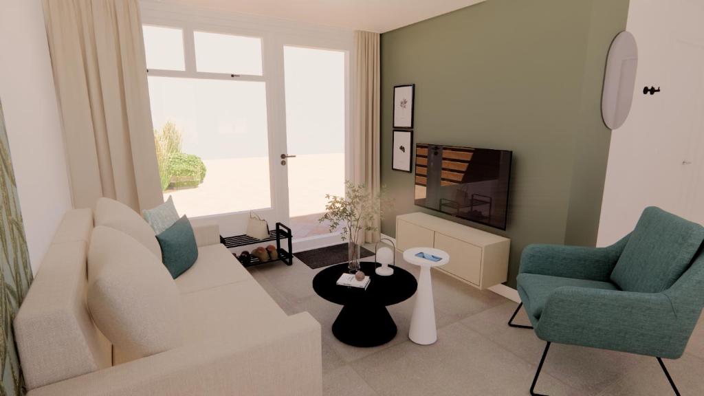 韦斯特卡佩勒Vakantiewoning Westkapelle Piet Mondriaanpad 3的客厅配有沙发、两把椅子和电视