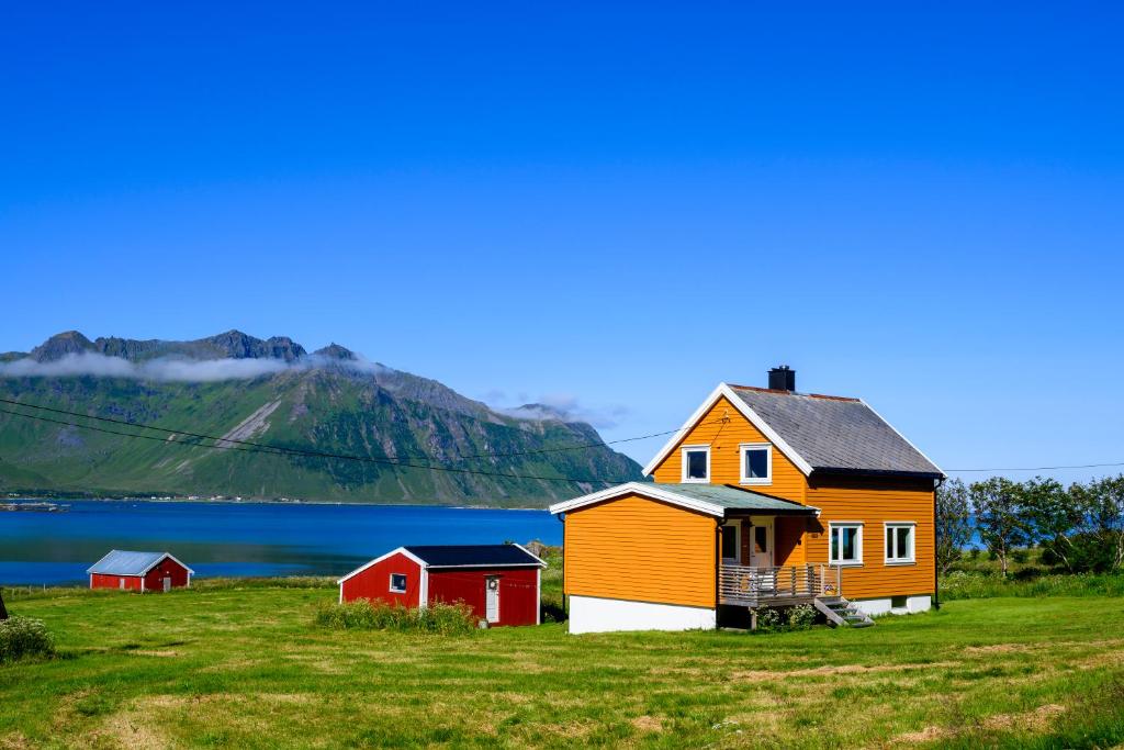 GimsøyLillevik Lofoten的水体旁山丘上的橙色房子