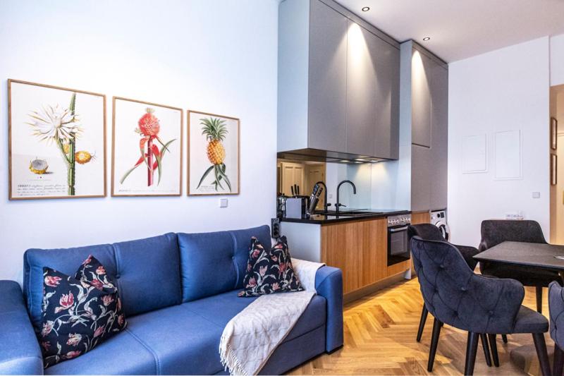 雷茨sgrafit apartments的一间带蓝色沙发的客厅和一间厨房