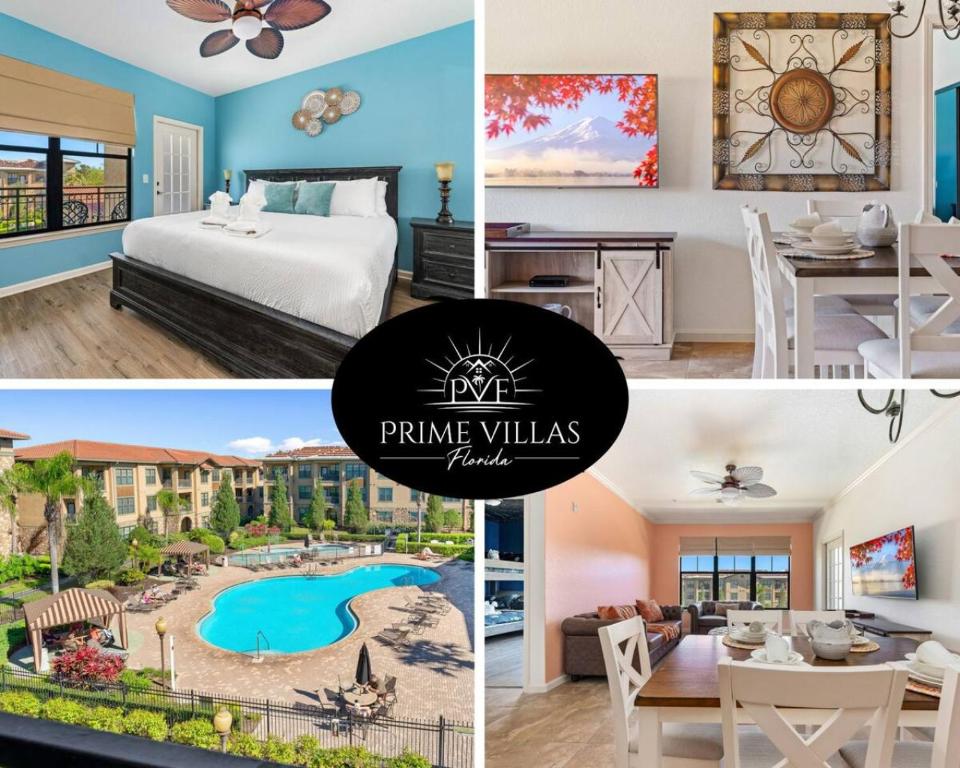 达文波特Sunny Retreat Close to Disney Pool Bella Piazza的卧室和别墅照片的拼合