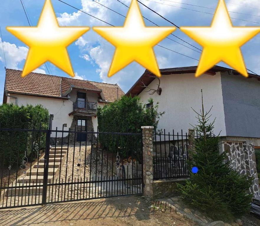 Şura MareVilla Luiza的挂在房子前面的栅栏上的四颗黄色星