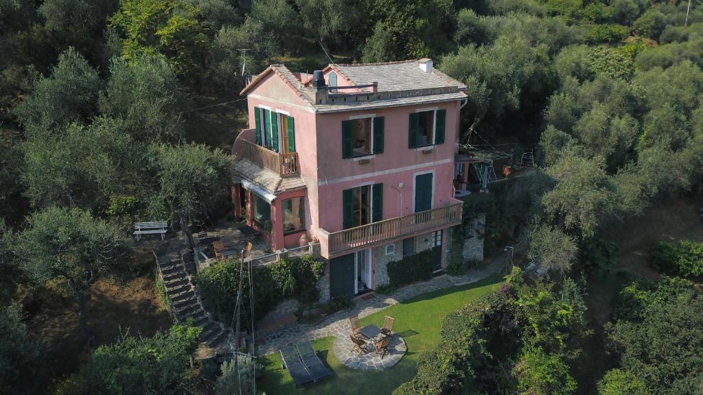 波托菲诺B&B Portofino的森林中粉红色房子的空中景观