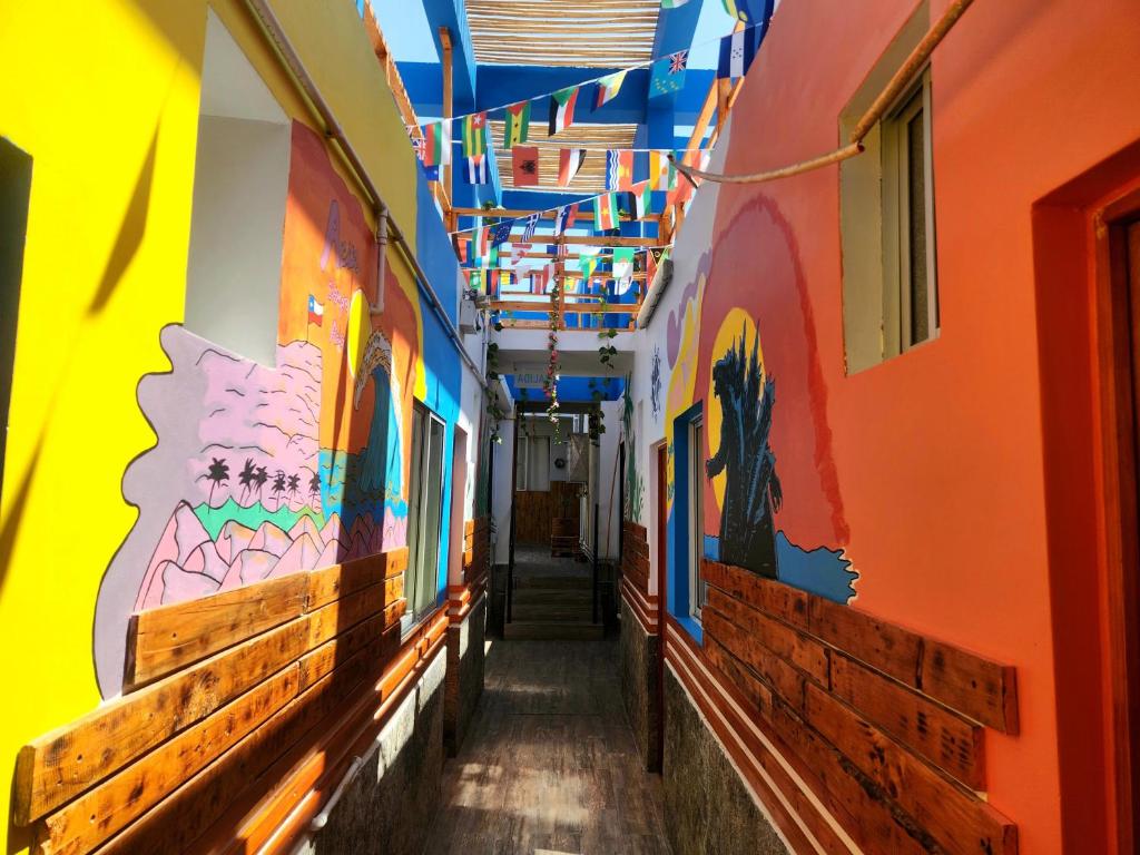 阿里卡Raymi House Hostel的走廊拥有色彩鲜艳的墙壁和天花板