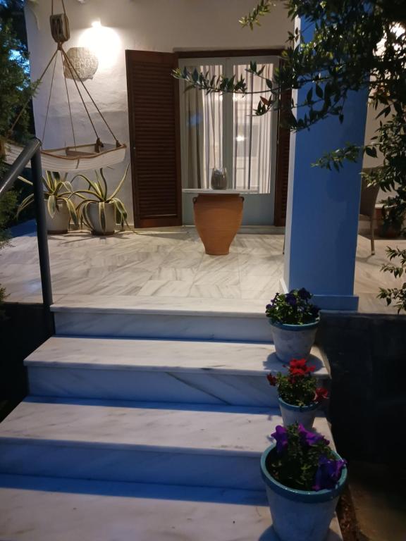 阿特米达Theros & Trygos Boutique Houses - ATH Airport的一套蓝色的楼梯,有三棵盆栽植物