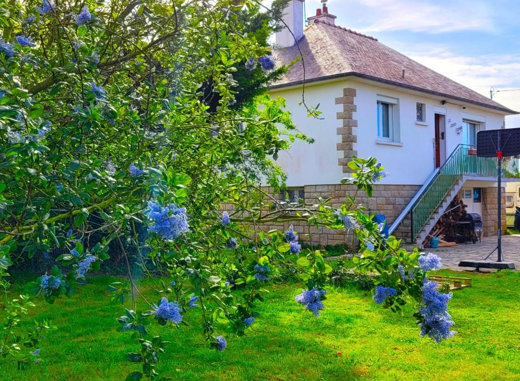 蒙特多尔Belle maison de vacances entre Saint-Malo et Mont-Saint-Michel. Le Clos Fleuri的院子里有蓝色花朵的房子