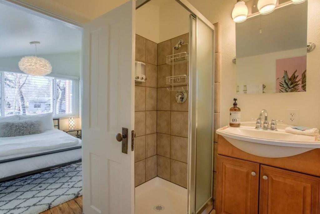科罗拉多斯普林斯Vintage Tiny House CUTE 1BDRM Big Appeal的带水槽和淋浴的浴室