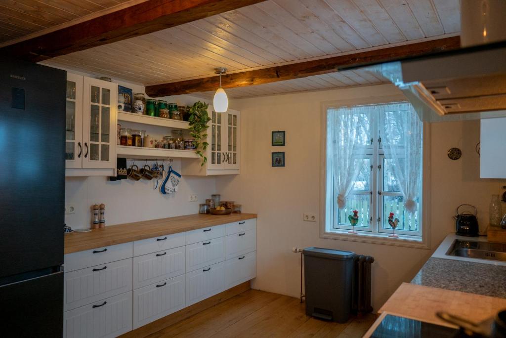 阿克雷里Akureyri Old Town Home的厨房配有白色橱柜和窗户。