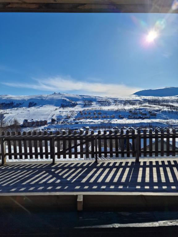 塔恩达勒Hamrahöjden - panoramavy & närhet till fjället的享有雪覆盖田野景致的长凳