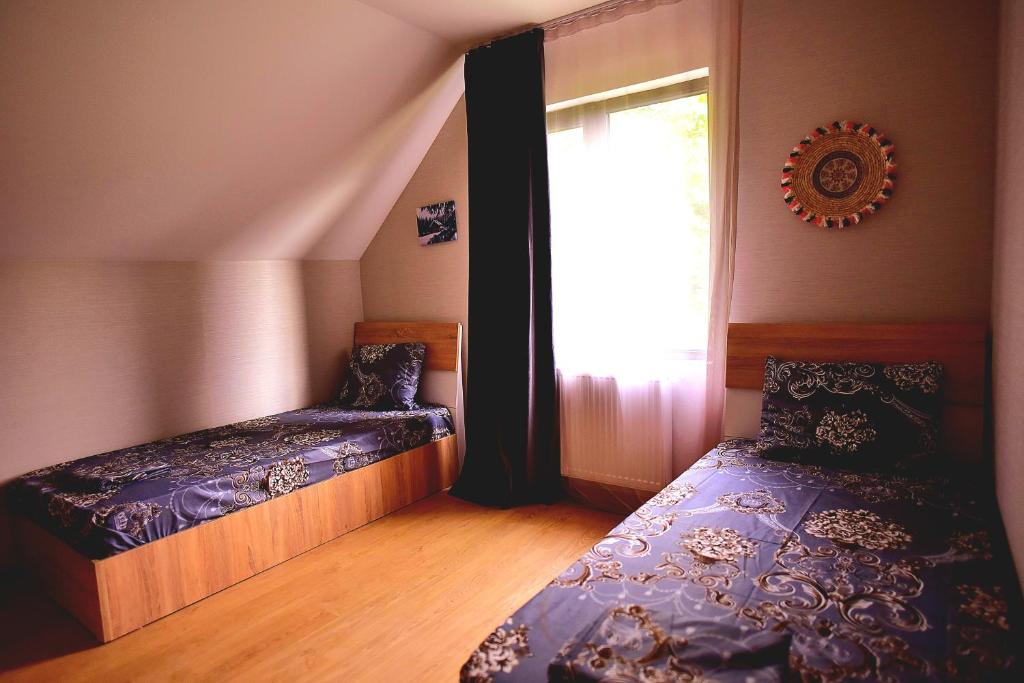 博尔若米Chalet Resort Weekend Borjomi的一间小卧室,配有两张床和窗户