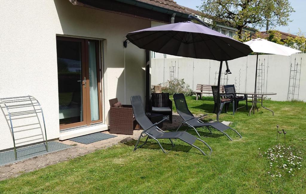 Haut-VullyMaison Champperbou的庭院配有两把椅子和一把遮阳伞