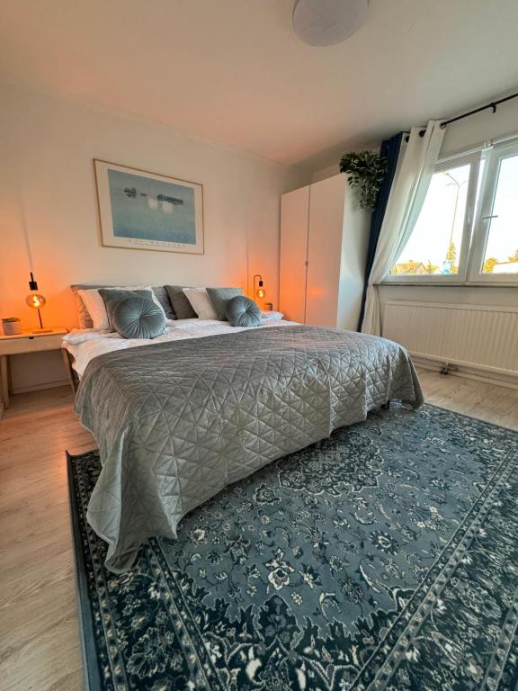 马尔默Central Peaceful Villa, Malmö的一间卧室配有一张大床和地毯。