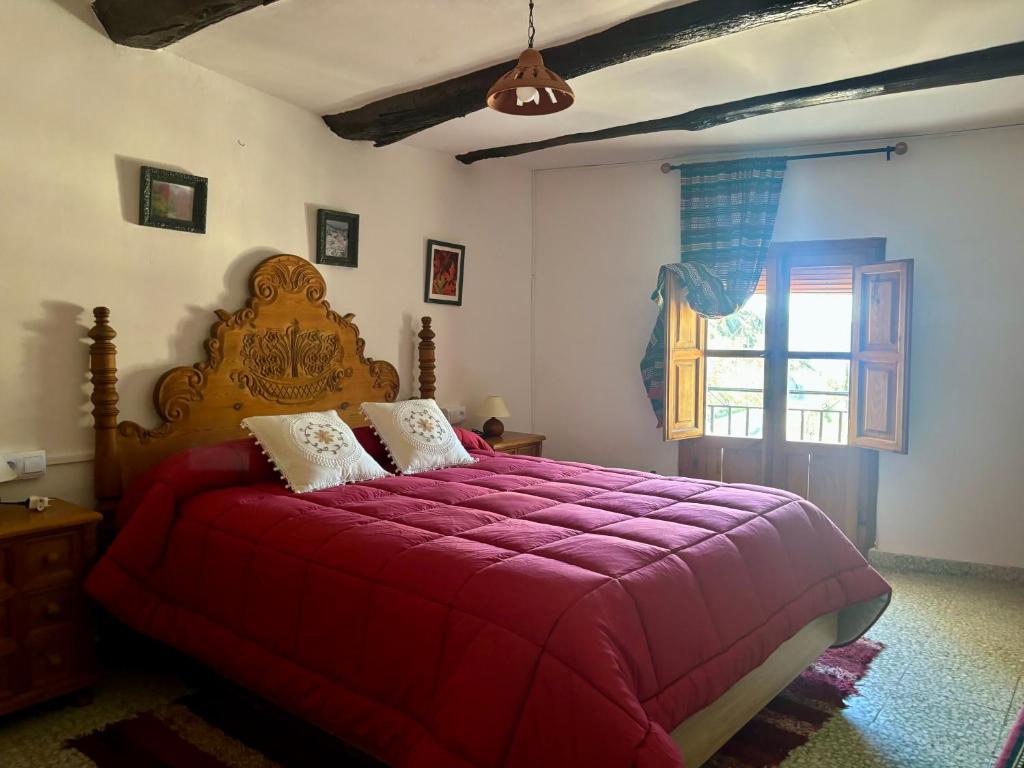 潘潘埃拉Casa Pepo的一间卧室配有一张带红色棉被的床和窗户。