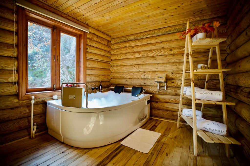 MayrūbāWood Hills Hotel & Resort的小木屋内带浴缸的浴室