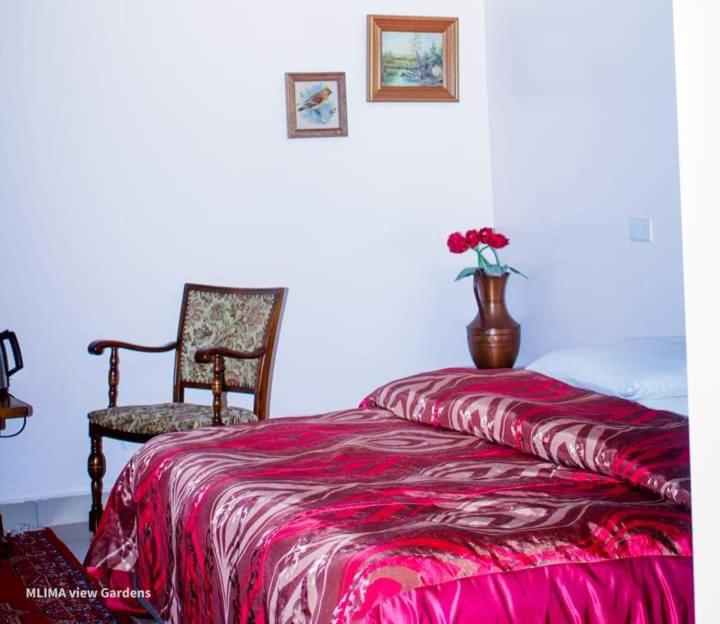 纳纽基MLIMAVIEW GARDENS BY Cradle Ranch的一间卧室配有一张床、一把椅子和一个花瓶