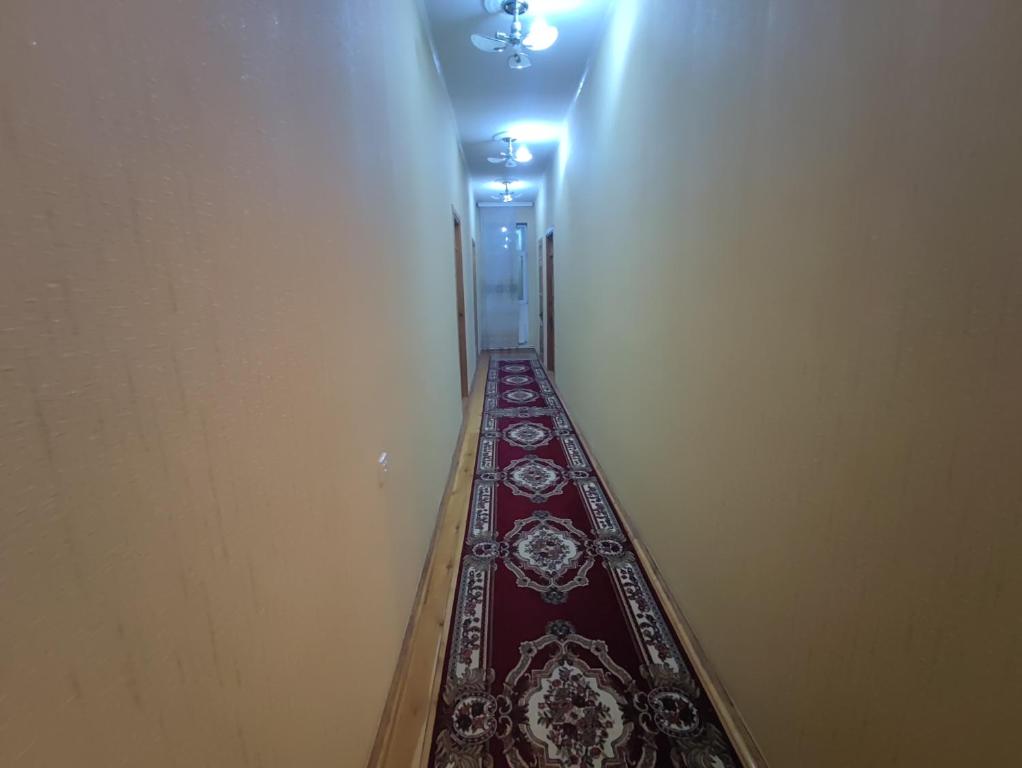 舍基Sheki city villa的一条铺有红地毯的长过道走廊