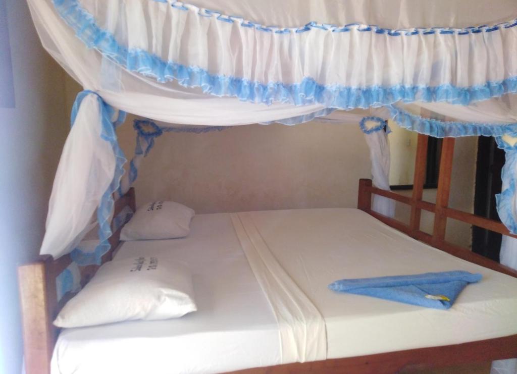 拉穆Subira Guest House and Restaurant的配有窗帘和双层床的宿舍间内的一张床位
