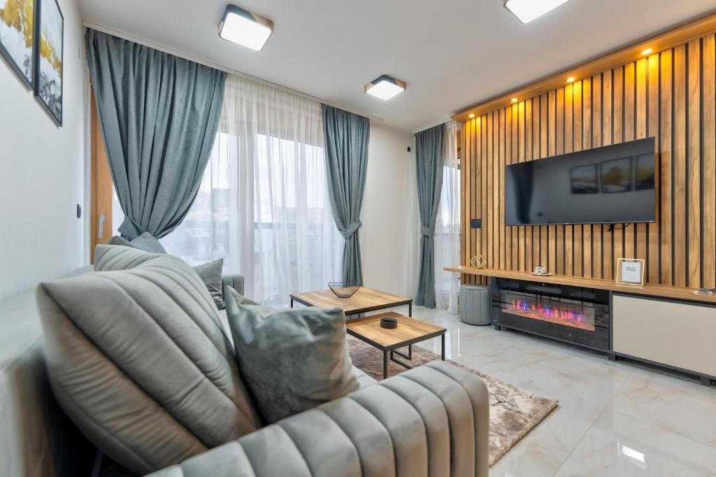 兹拉蒂博尔Golden Panorama Spa & Wellness的带沙发和电视的客厅