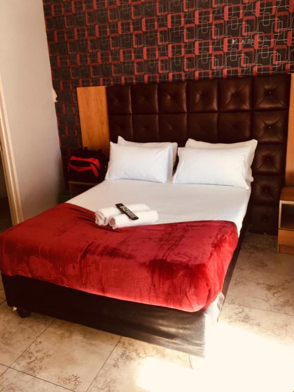 开普敦Andrienne Lodge Cape Town的一间卧室配有一张带红色毯子的大床