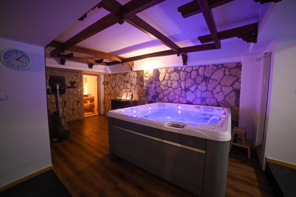 普雷代亚尔No 107 Predeal的厨房配有带紫色照明的浴缸