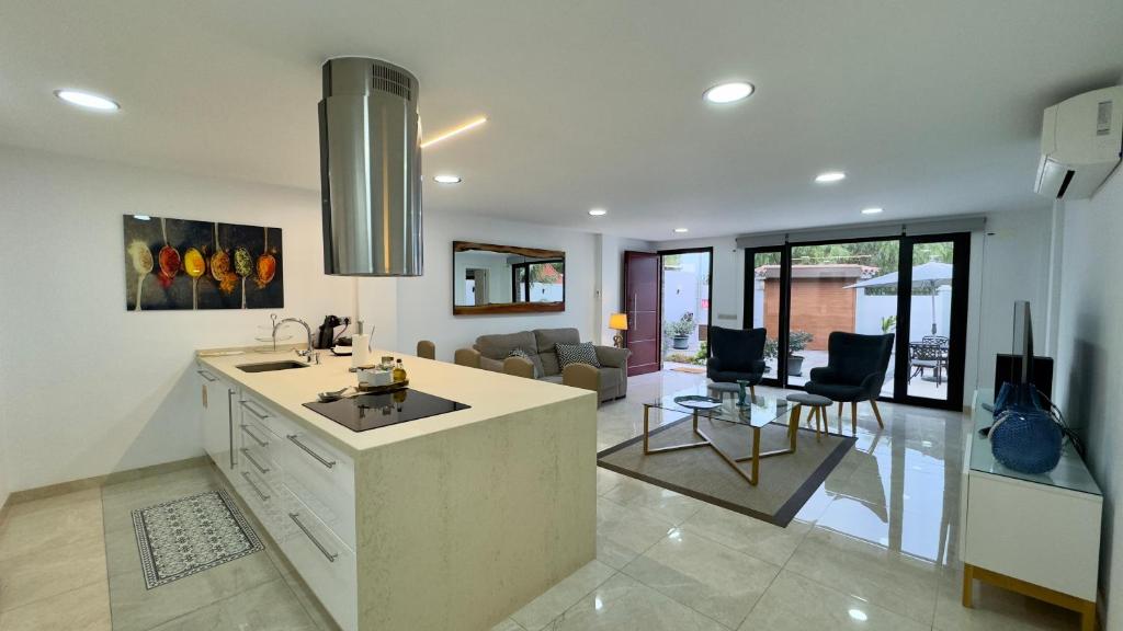 圣克鲁斯-德特内里费Apartamento Tenerife Vista Bella的厨房以及带水槽和沙发的客厅。