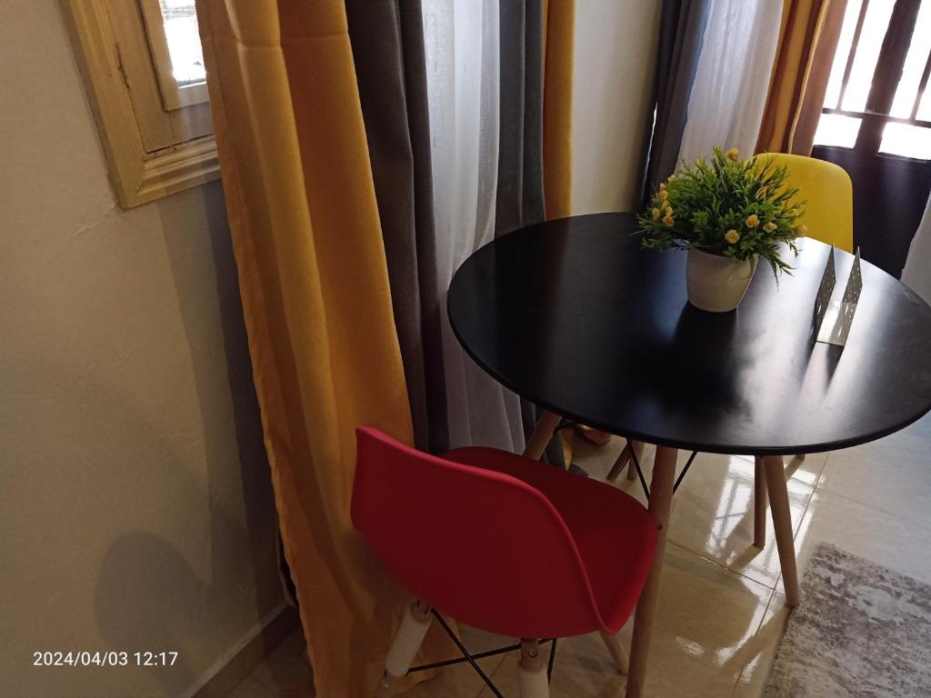 基苏木Monalissa One bedroom apartment的一张带盆栽的黑桌和两把椅子