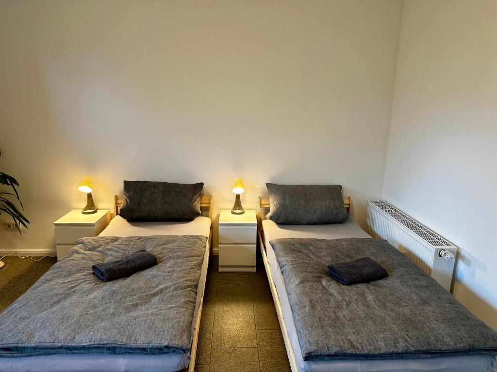 巴德茨维什安Ferienapartment am Glück的两张床位于带两盏灯的房间