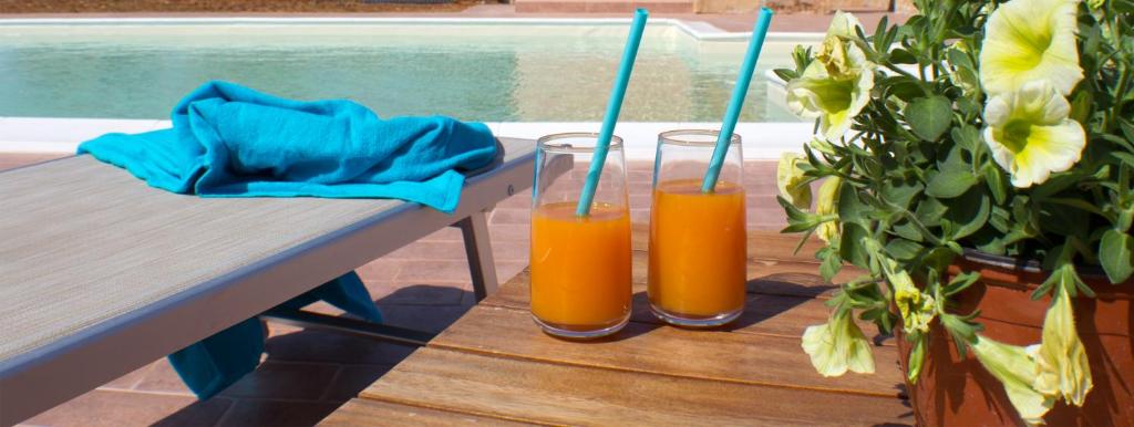 帕尔蒂尼科Villa con piscina Casale di Giò nel Golfo di Castellammare的桌子上放两杯橙汁