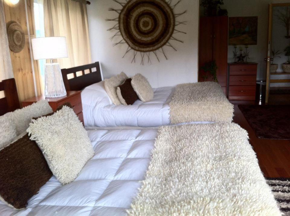 PuqueldónLodge Guarida del Trauco的卧室配有带枕头的大型白色床