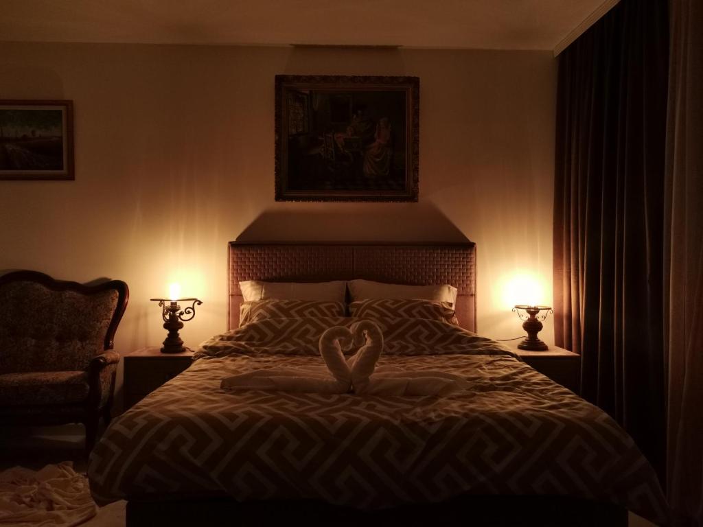 MitrovićiIn Apartments AirPort的一间卧室,配有一张心形床