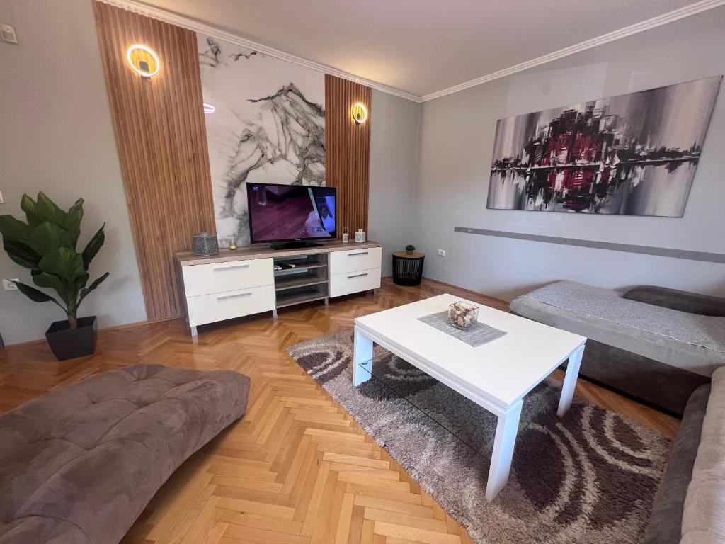 斯科普里Apartment Ortakovski的客厅配有沙发和桌子