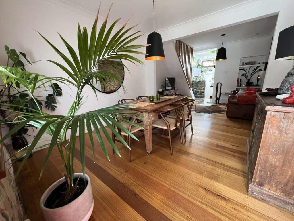 悉尼Modern Sydney Surry Hills Century Cottage的客厅配有木桌和盆栽植物