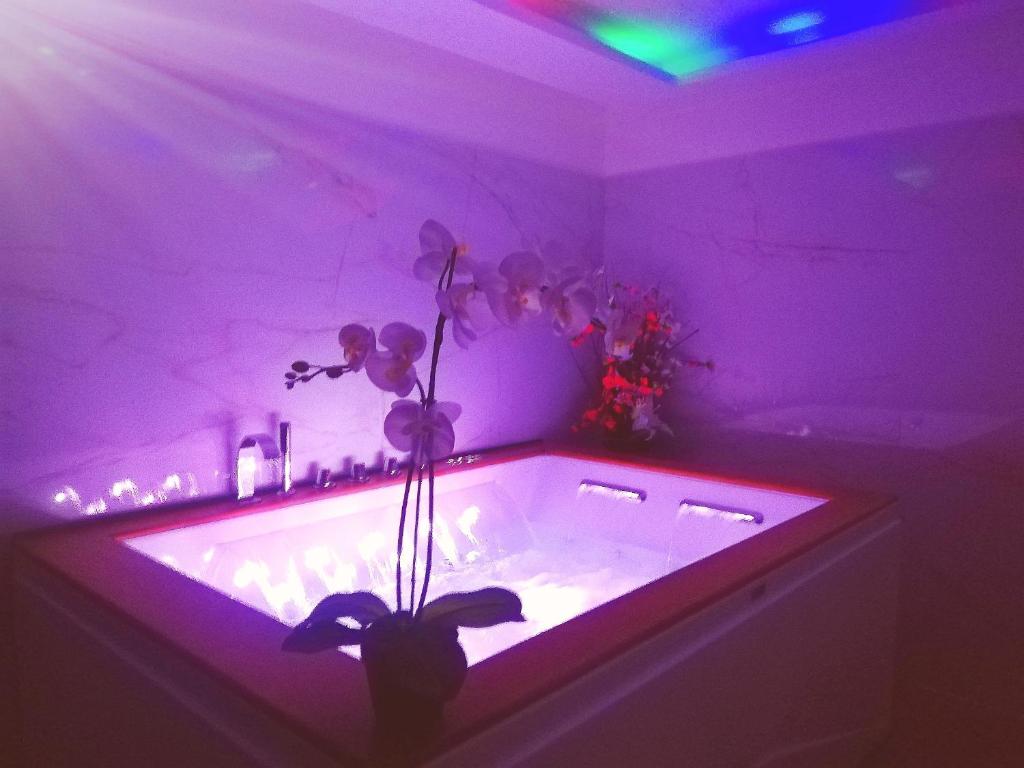 特雷卡斯塔尼A Trecastagni - Etna Home的紫色的客房设有花瓶浴缸