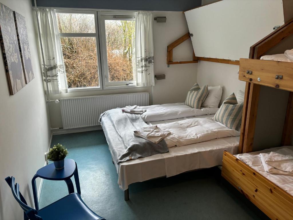 奥尔堡Danhostel Aalborg的一间小卧室,配有两张床和窗户