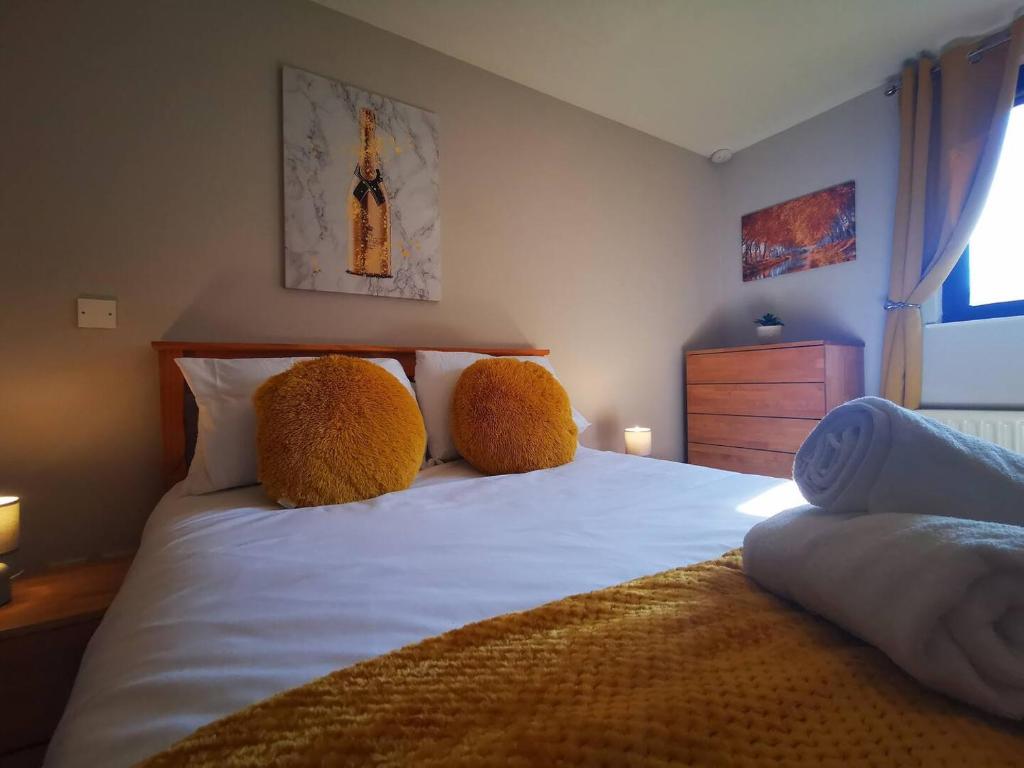 贝尔法斯特2br Spacious City Centre Apartment的一间卧室配有一张带两个枕头的床