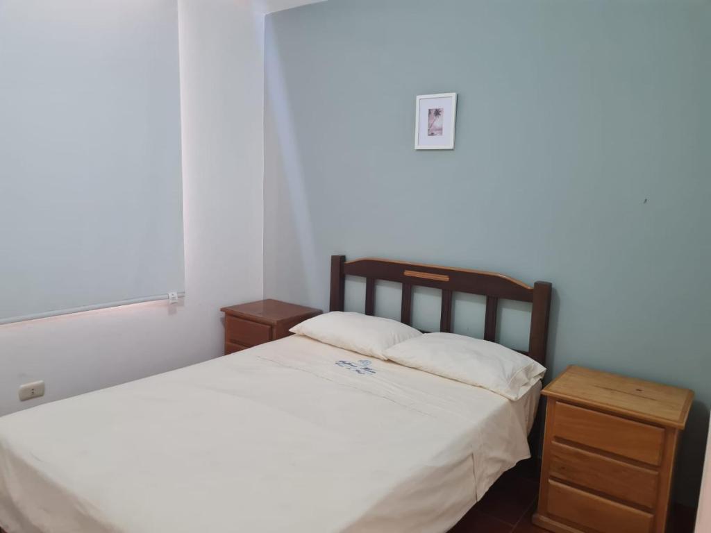 卢林Habitaciones Matrimoniales en Playa Pulpos HOSPEDAJE DELFINES HOUSE的一间卧室配有一张大床和一个床头柜