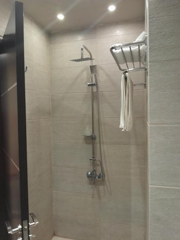 阿莱曼Coast Hotel的浴室里设有玻璃门淋浴