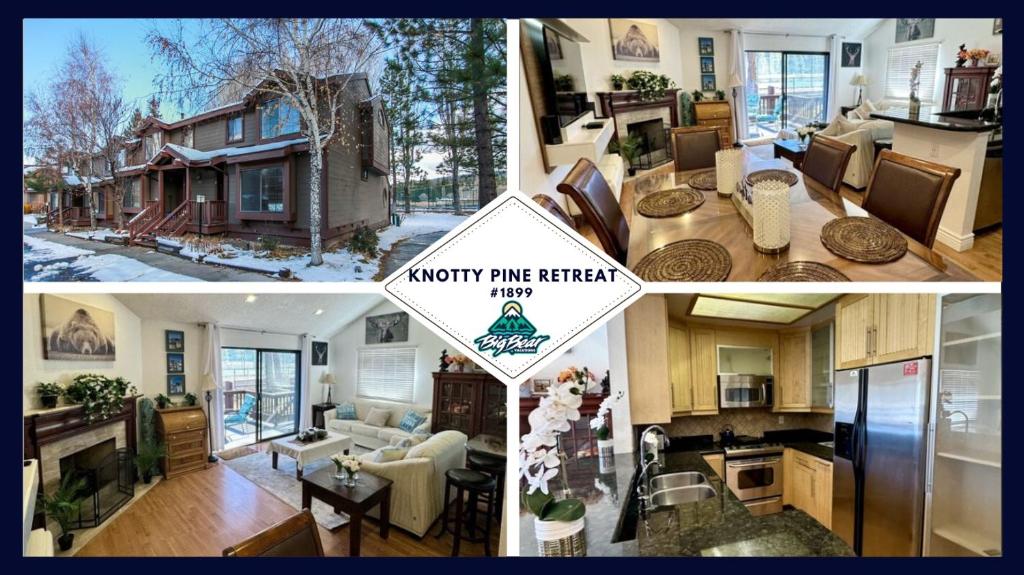 大熊湖1899- Knotty Pine - Big Bear Lake Retreat home的厨房和客厅的三幅照片