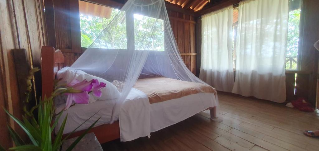 La PalmaGarduk lodge的一间卧室配有一张带蚊帐的床