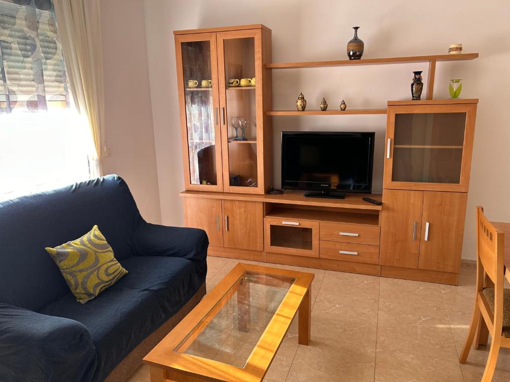 马萨龙Carolina apartamento de Luxe的客厅配有蓝色的沙发和电视