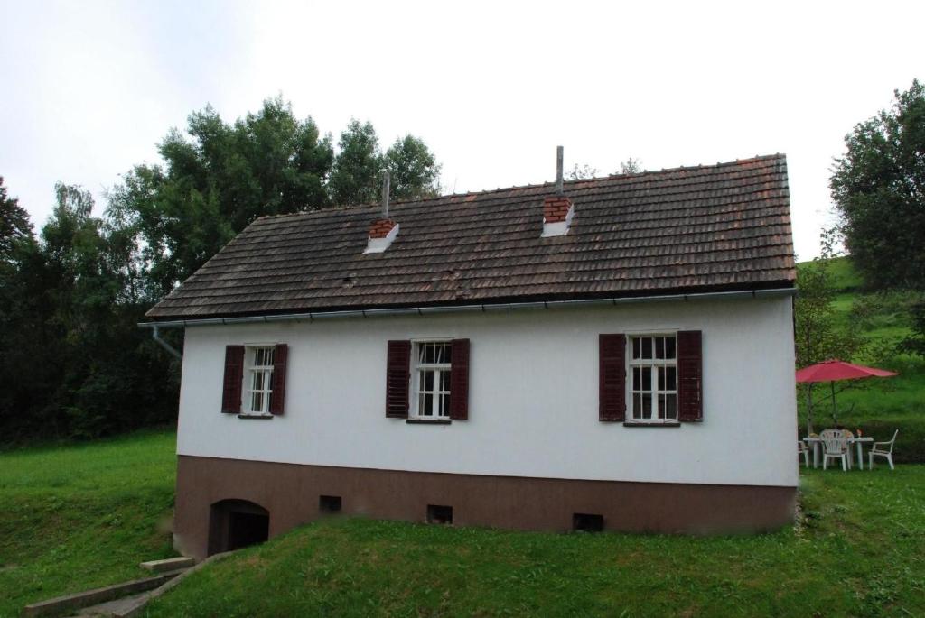 Mala NedeljaRuhig gelegenes Ferienhaus für erholsamen Urlaub auf dem Land inmitten der Thermenregion Sloweniens的绿色田野上带红色窗户的白色房子