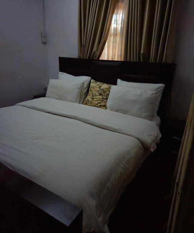 拉各斯Quiet and comfortable home的一张带白色床单和枕头的床以及窗户