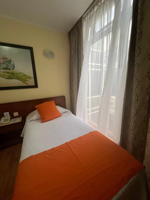 里奥格兰德Atlantida Hotel的靠窗的带橙色枕头的床