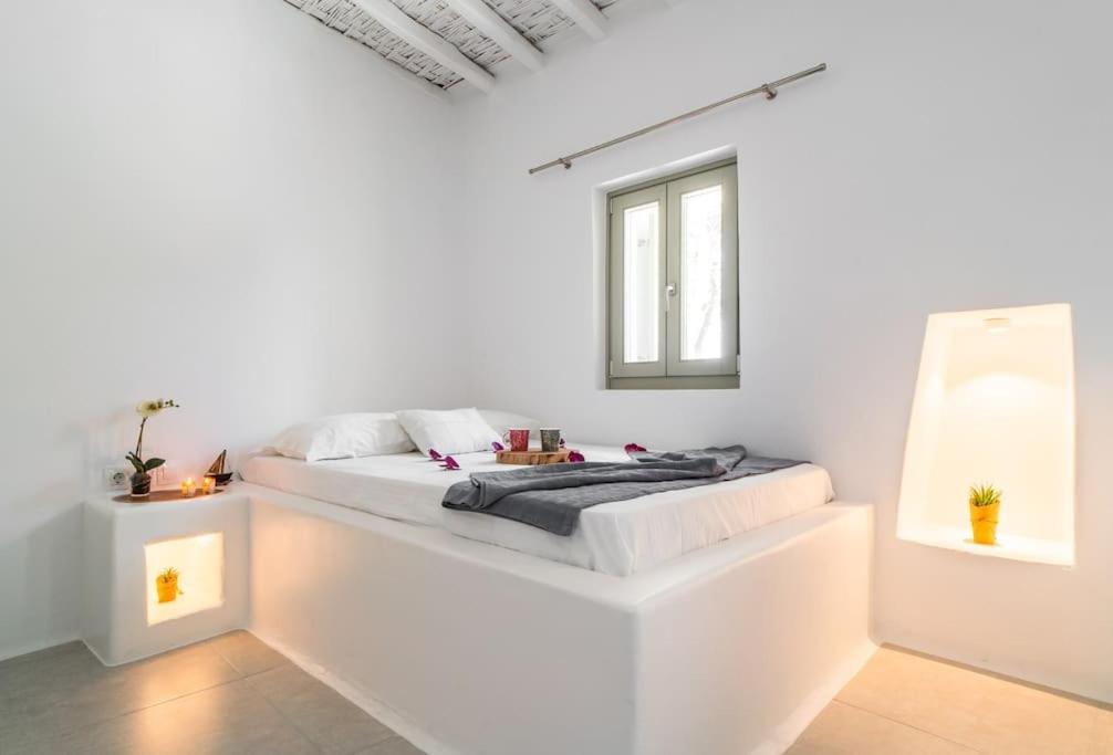 DexamenesArmonia Guesthouse close to Mykonos town的白色的客房设有一张带窗户的床