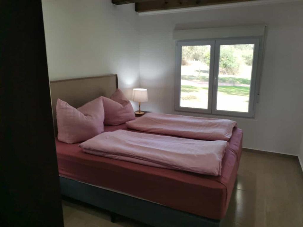 Pan de AzúcarLa casa del Lago的一间卧室配有带粉红色枕头的床和窗户。